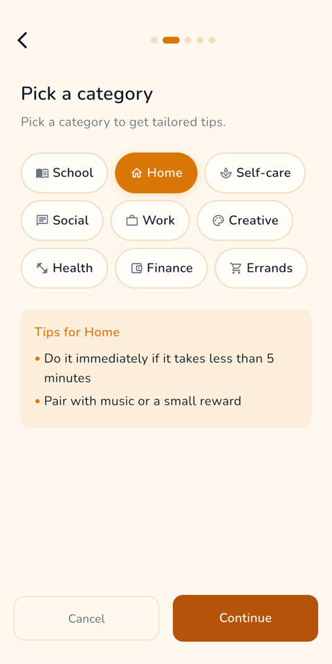 Picking a task category with tailored tips