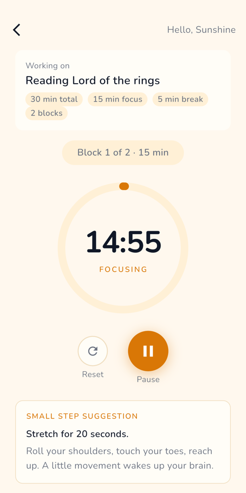 Focus timer counting down during a session