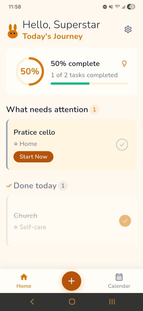 Focus Bun home screen showing Today's Journey with tasks and progress
