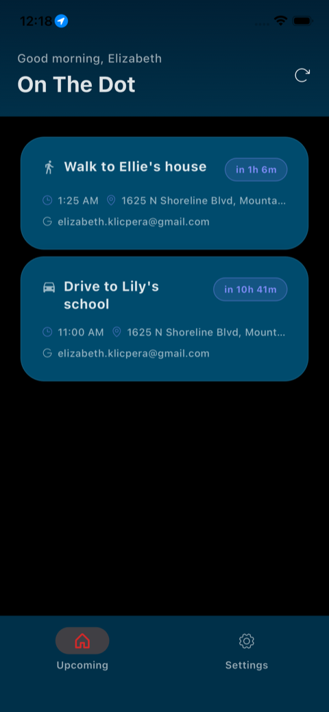 On The Dot upcoming events showing walk and drive events with countdown timers