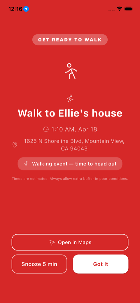 Fullscreen red Get Ready to Walk alert demanding attention
