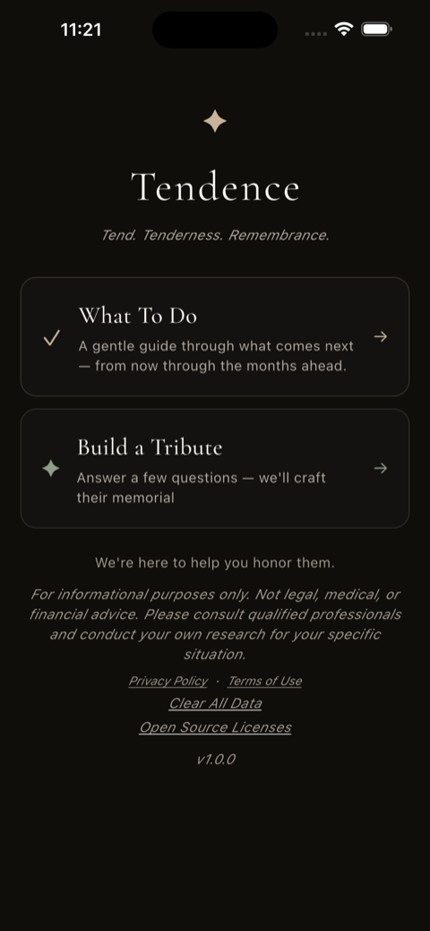 Tendence home screen showing What To Do and Build a Tribute options