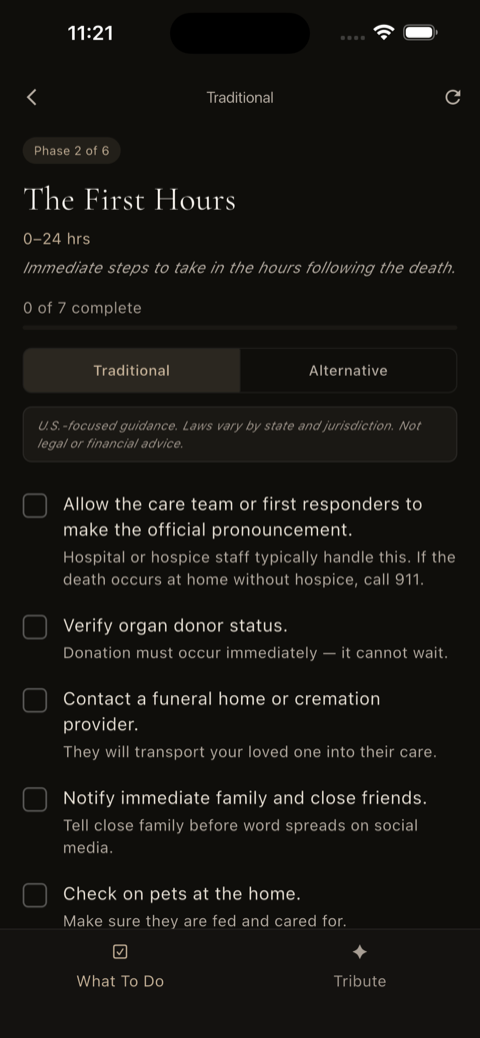 Tendence funeral checklist showing The First Hours phase with actionable tasks